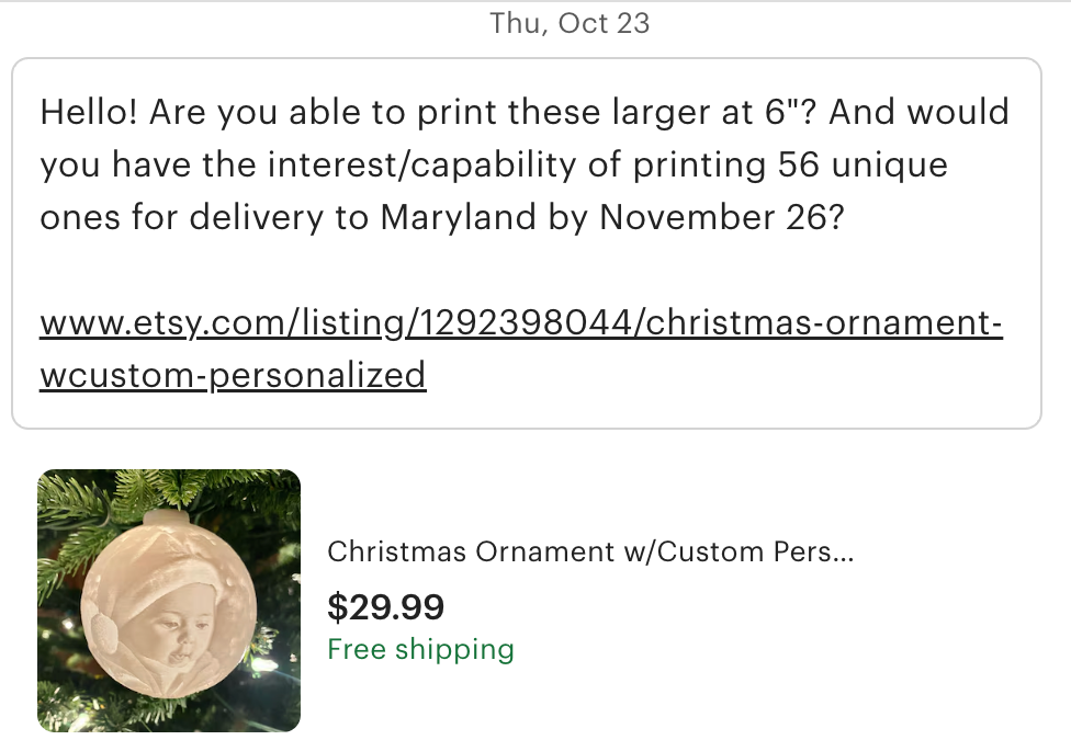 The Etsy message that started it all.